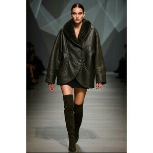 Umberto Olivieri Italy Leather Fur Coat Jacket  Oversized Designer Sparrling